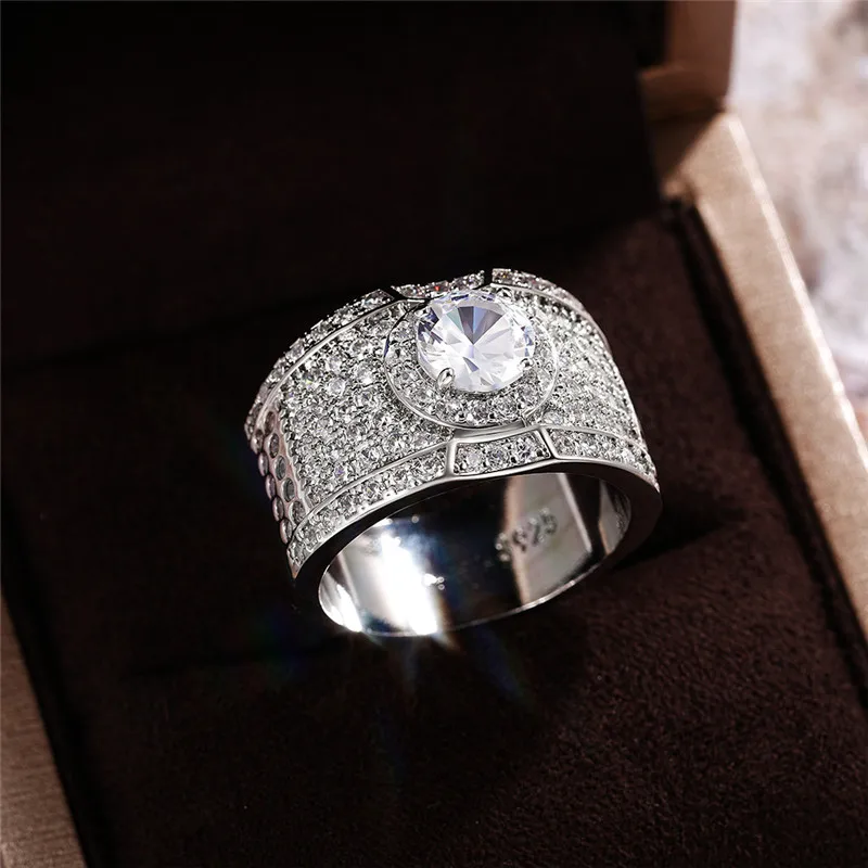 Роскошные обручальные кольца WUKALO серебряного цвета с круглым Цирконом для мужчин, обручальное кольцо с фианитом класса ААА для мужчин, широкое кольцо для свадьбы, ювелирные изделия серебряного цвета