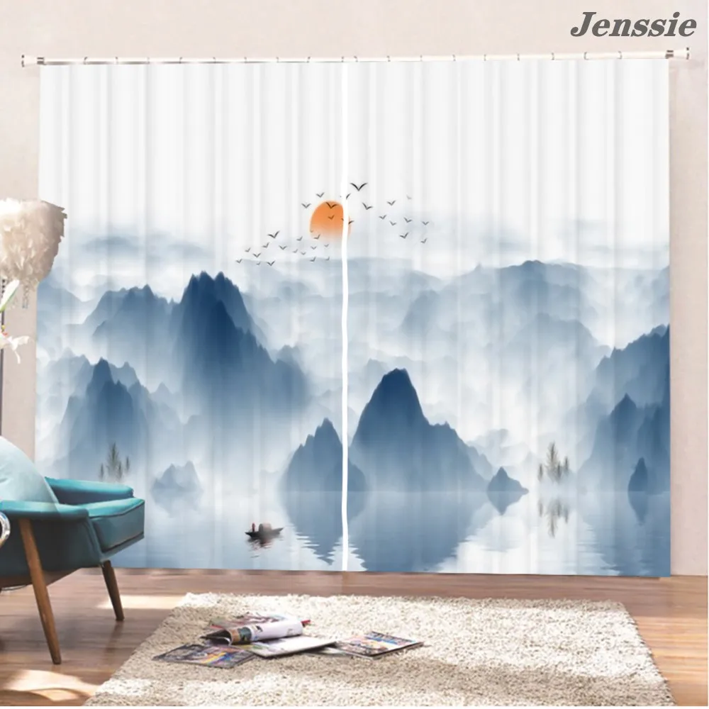 

Оконные занавески в китайском стиле, декоративная занавеска для окон с рисунком пейзажа, светонепроницаемые шторы для гостиной