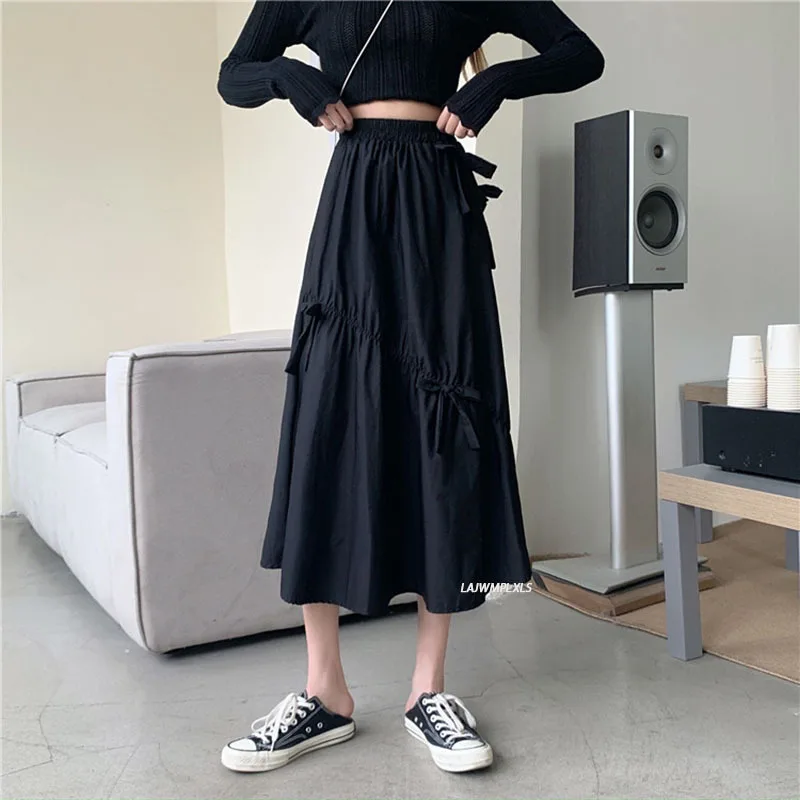 

Bow Folds Skirt for Women High Waist Mid-Calf A-Line Solid White Black Casual 2021 Spring Summer Fashion New Skirts