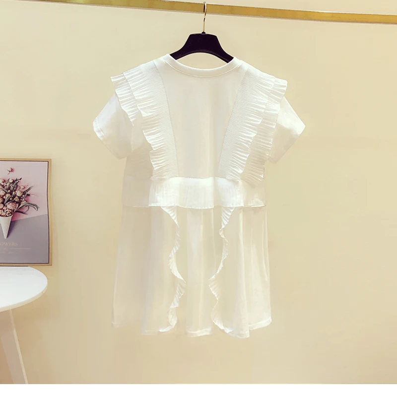 

Fungus ruffle stitching T-shirt women short-sleeved 2021 summer new style White