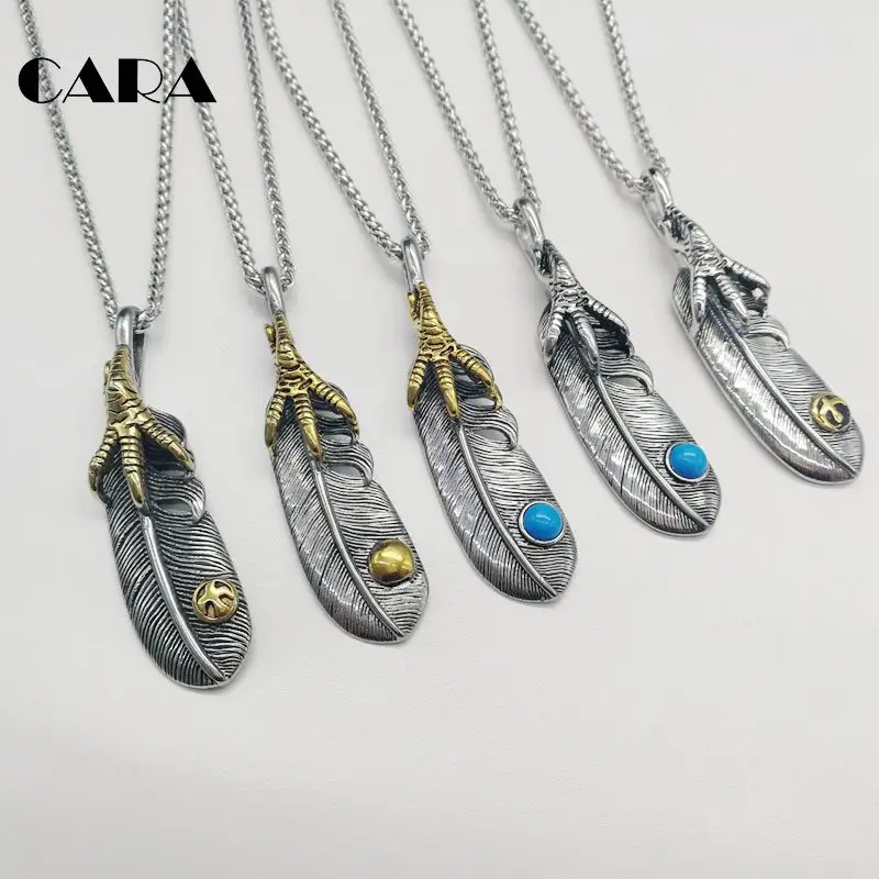 

2021 New Feather necklace 2 tone 316L Stainless steel Eagle claw & feather pendant necklace Indian elements necklace CARA0356