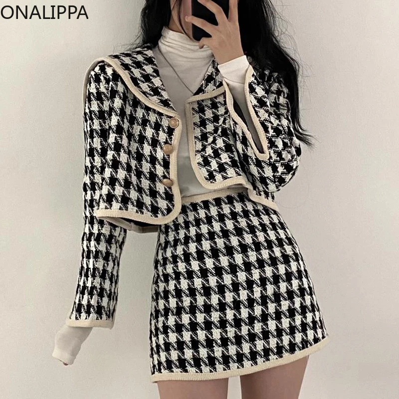 

ONALIPPA Houndstooth Set Ladies 2021 Autumn French Elegant Temperament Navy Collar Cardigan Short Jacket High Waist A-line Skirt