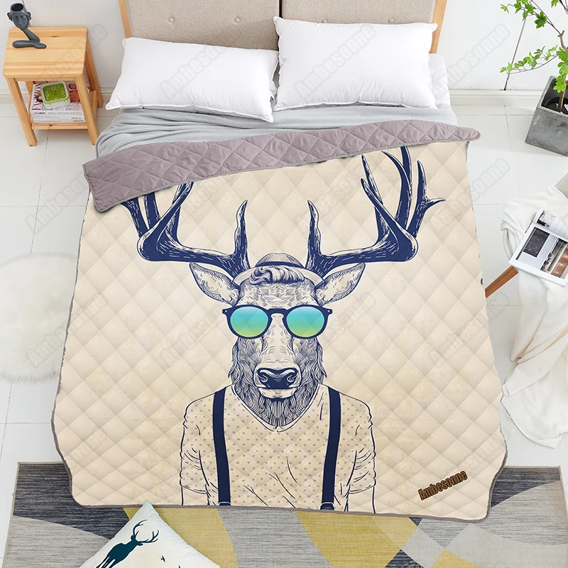 

Print on Demand Summer Quilt Deer Dressed Up Like Cool Hipster Coverlet Thin Quilts Custom Bedspread on The Bed Dorm Covers