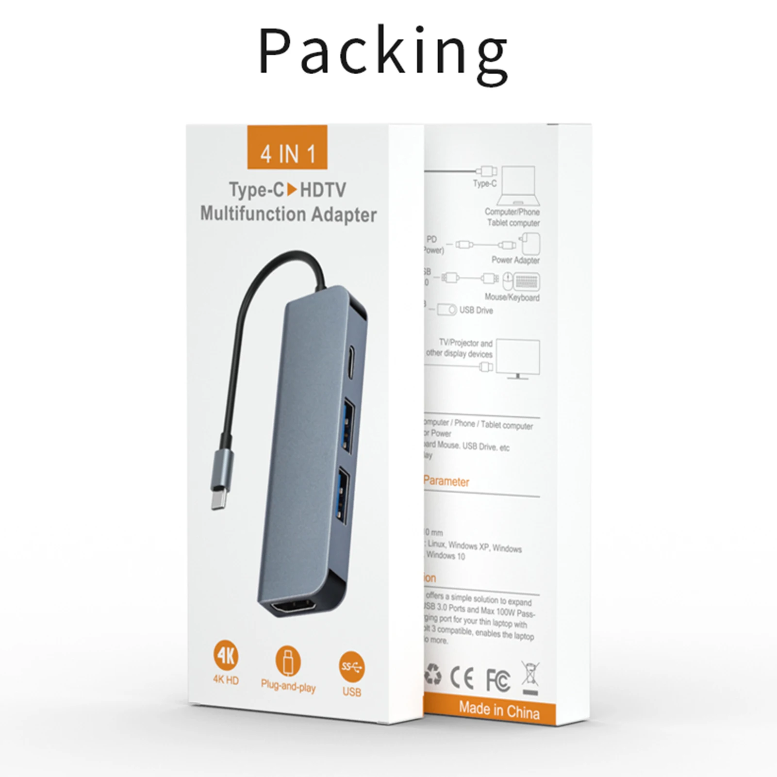 

4-in-1 Multiport Type C Hub 4K HD Display USB 3.0 and Type C Data Adapter Card Reader Compatible with Windows/macOS/Android/iOS