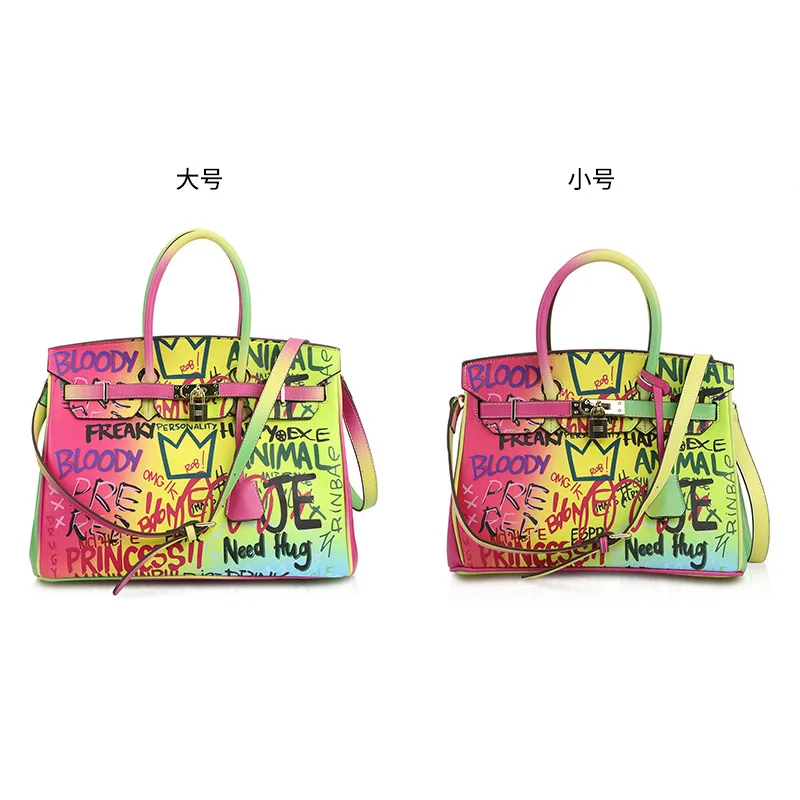 

European and American Colored Women Bag Fashion PU Leather Bag Shoulder Bags Casual Tote Big Size Lettered Printing Handbags
