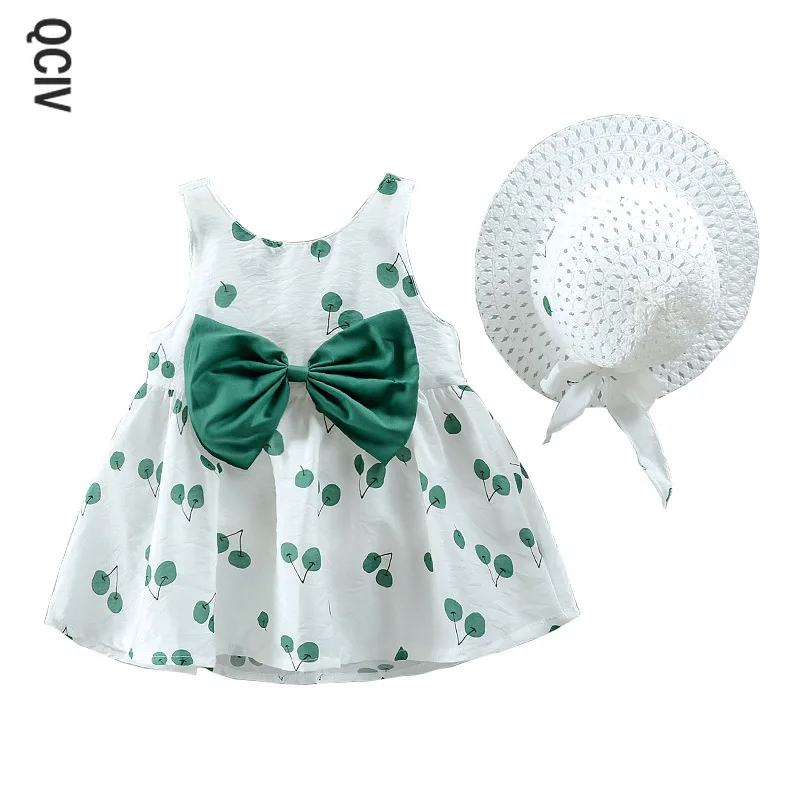 

NEW Dresses Children Baby Kids Girls Clothes Cute Bow Cherry Printed Sleeveless Cool Princess Summer Dress+sun Hat Clothes Kid