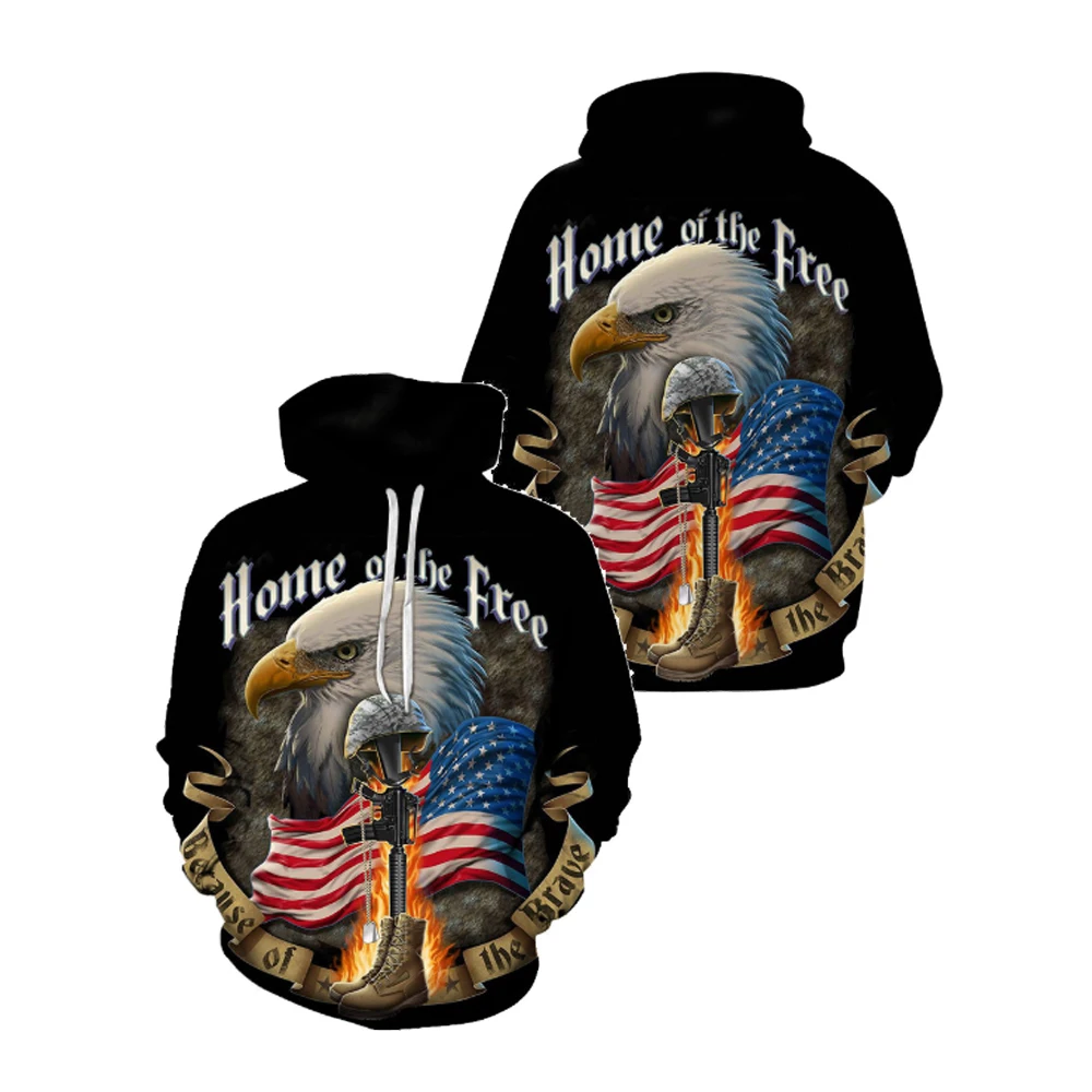

USA Size Men's Fashion 3D Hoodie Free Eagle Print Cool Animal Firearms Cosplayt Outdoor Pullover Streetwear