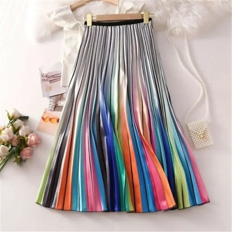 

Skirts Satin Pleated High Waist Fashion Rainbow Midi Skirt Print Women Gradient