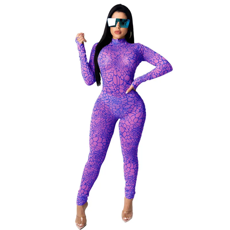 

2020 Autumn Hottest Sexy Women Printing Jumpsuits Lady See Through Mesh High Neck Long Sleeves Sleeve Skinny Rompers Nightclub