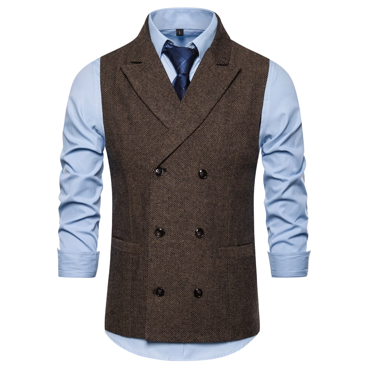 Brand Men's Waistcoat Fashion Retro Tweed Vests Classic Sleeveless Plaid Suit Vest British Style Double Breasted Gilet