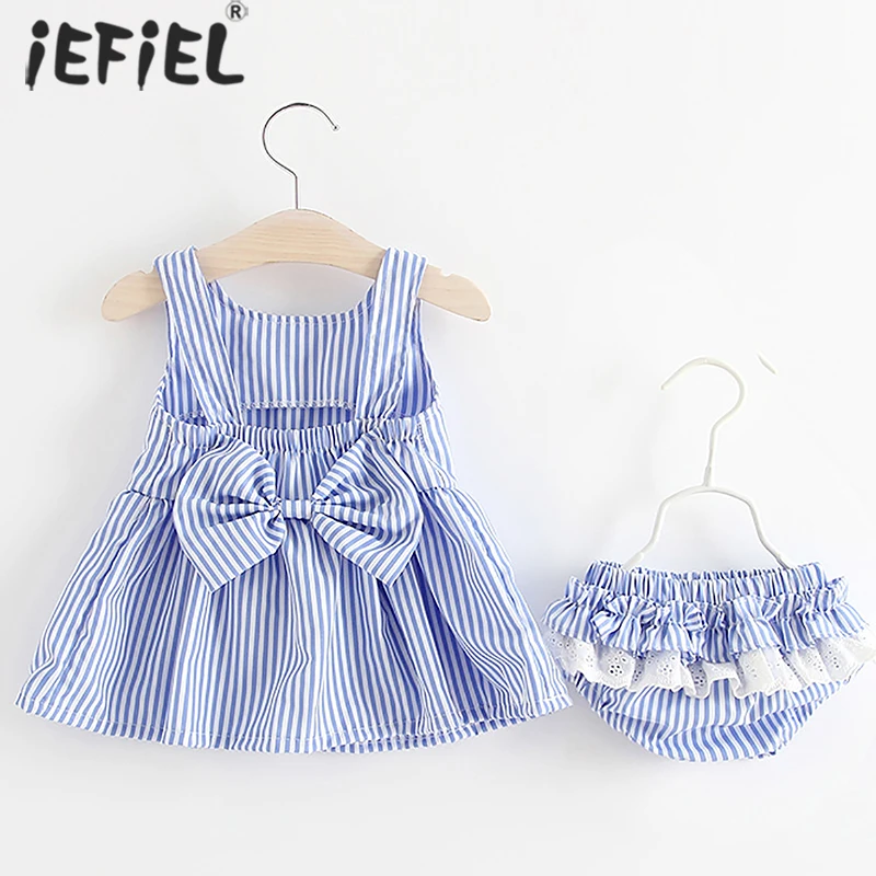 Одежда для новорожденных маленьких девочек Полосатое платье без рукавов +