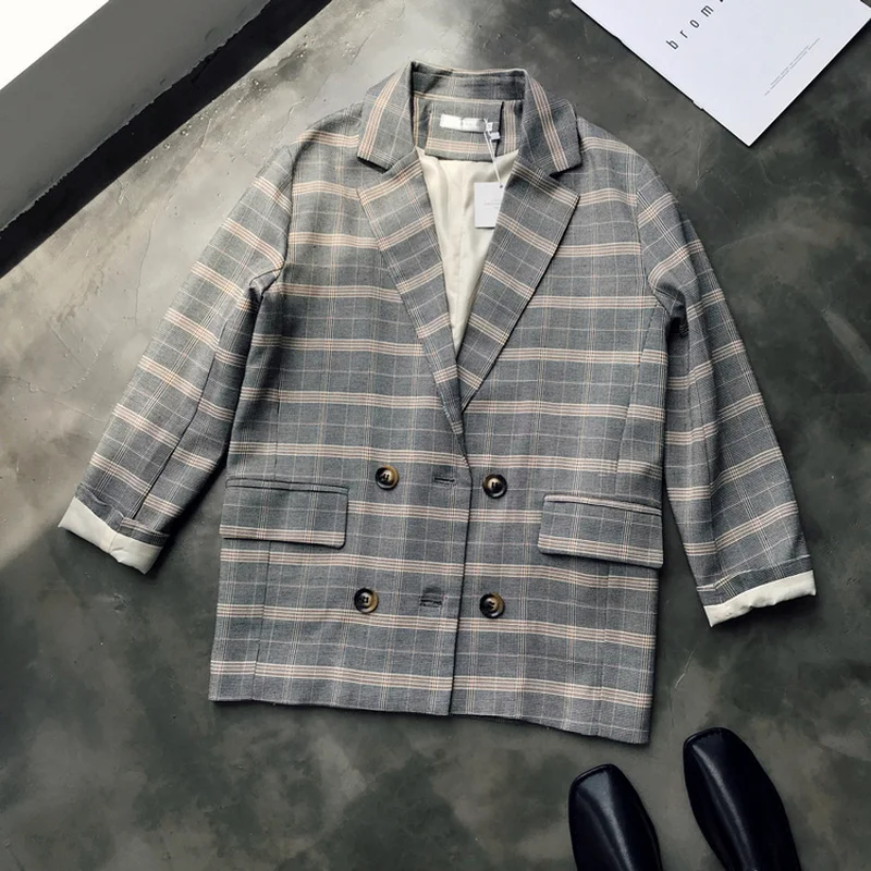 Британский Стиль Клетчатый свободный костюм куртка Женская Новинка 2019 осенний