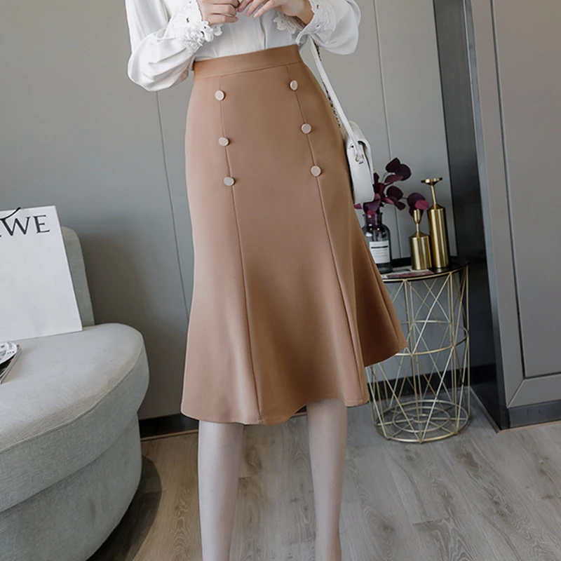 2020 Новинка Сезон весна-осень Женские тонкие миди-юбка с высокой талией высокое