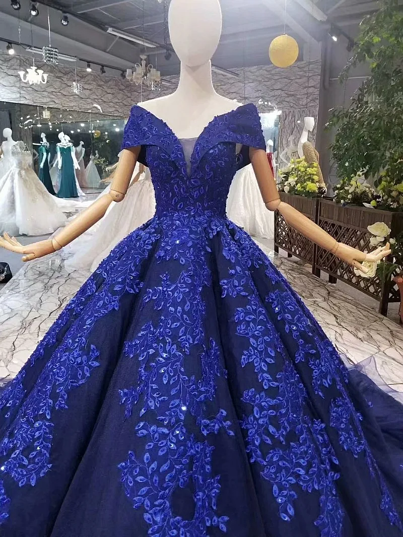 Navy Blue Luxurious Big Skirt Handmade Lace Wedding Dress Bridal Gown