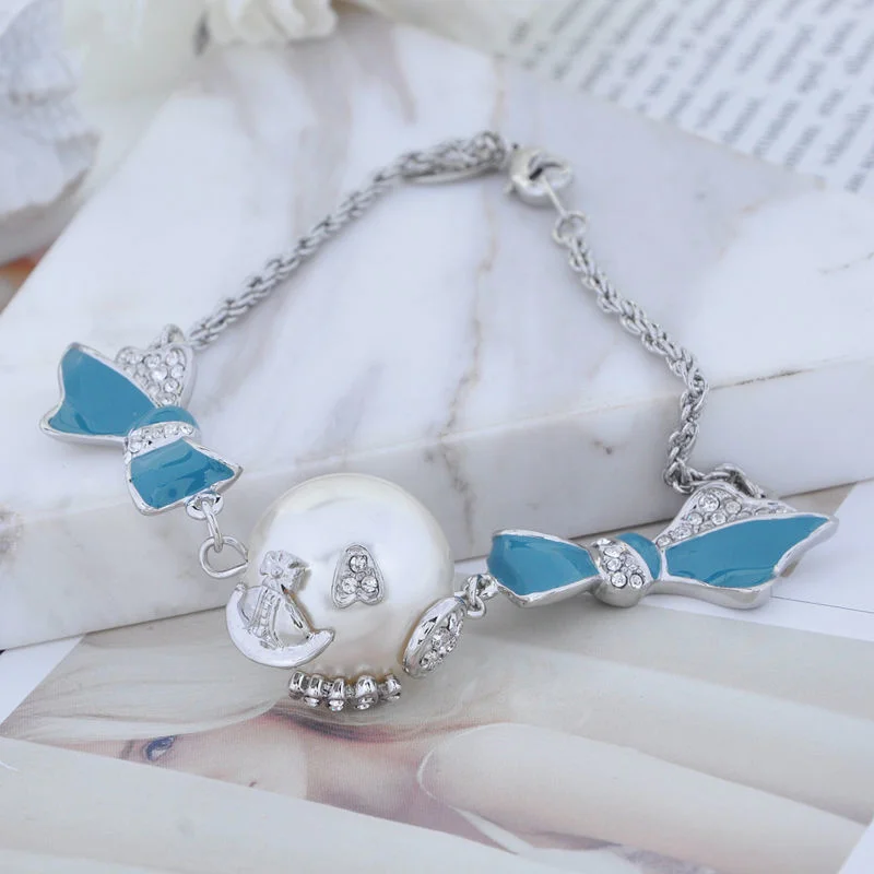 

New Fashion Crystal Clown Pearl Planet Bracelet bowknot Zircon Crystal Bangle for Women Party Birthday jewelry Gift