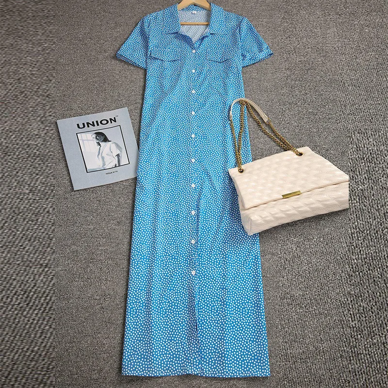 

Fashion Casual Printed Short Sleeve Long Dress (without Belt) Button Up Women Elegant Dress Beach and Holiday Dress