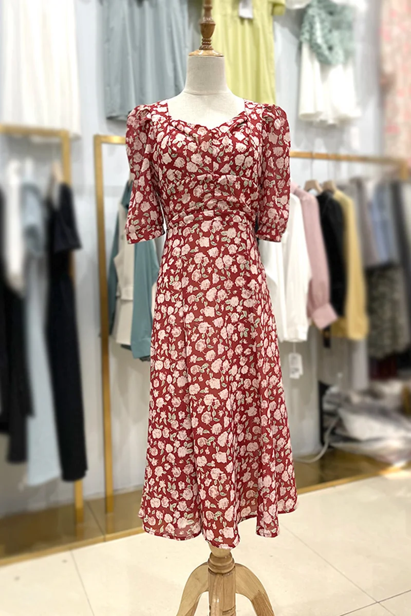 

Women's Puff Sleeve High Waist Long Dress 2021 Summer New Chiffon Floral Dress Female A Line Short Sleeve V Neck Dress
