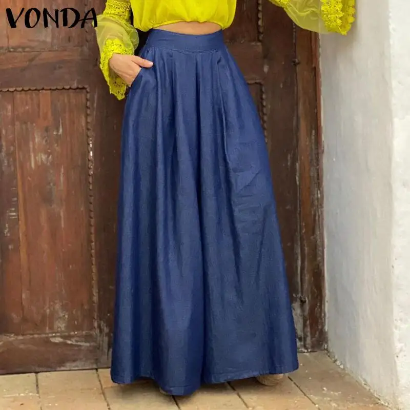 

S- Women Pants VONDA 2021 Casual Solid High Waist Long Pants Loose Women's Trousers Elegant Palazzo Pantalon Wide Leg Pants