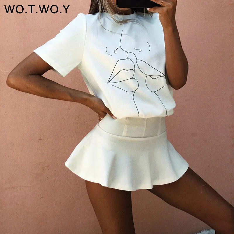 WOTWOY Tumblr Lips футболка женская летняя с круглым вырезом повседневные топы с принтом женская хлопковая с коротким рукавом забавная футболка Женская Harajuku