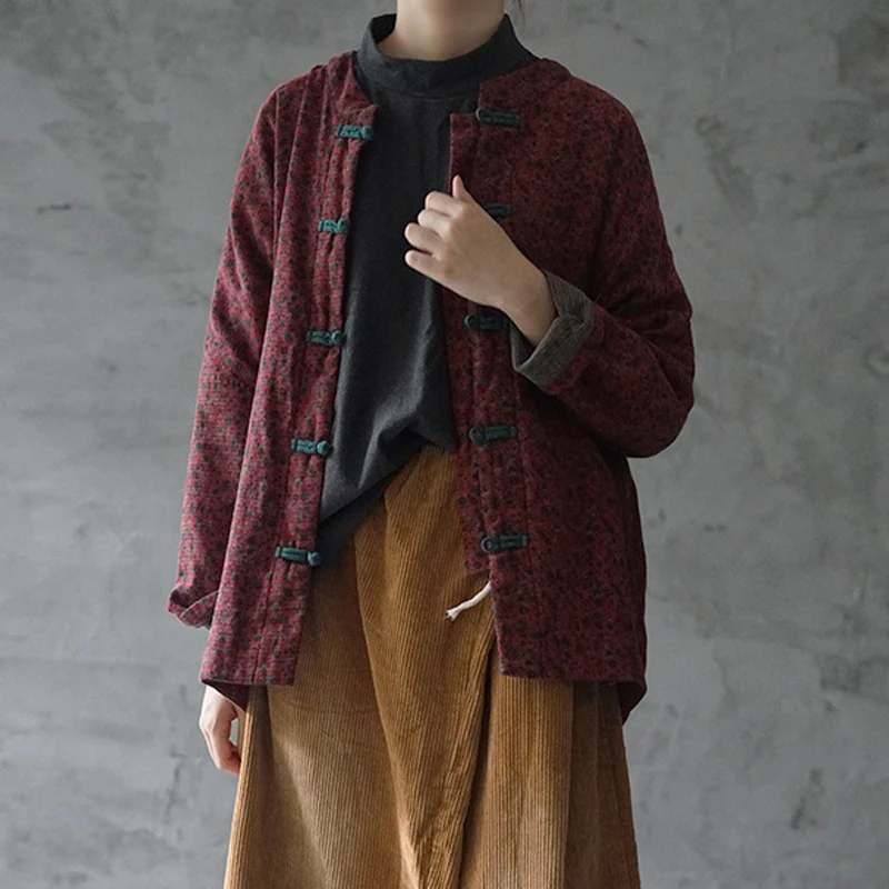 Johnature New Retro Plate Buckle Floral Print Cotton Linen Overcoat 2021 Autumn Winter Loose Comfortable Long Sleeve Women Coat | Женская
