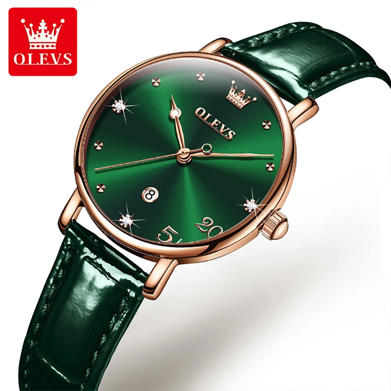 OLEVS 2023 New Quartz Womens Watches Fashion Green Leather Strap Simple Calendar Display Clock Women 30M Waterproof Reloj Hombre