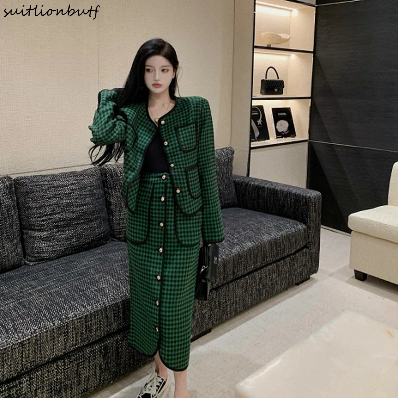 

Vintage Color-blocked Plaid Woolen Skirt Suit For Women Golden Buttons Short Coat Straight Spliced Long Skirt 2 Piece Sets 2021