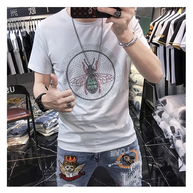 

Best selling short sleeve men's fashion bees hot drilling crew neck elastic stripes summer new shirt T-shirt Street