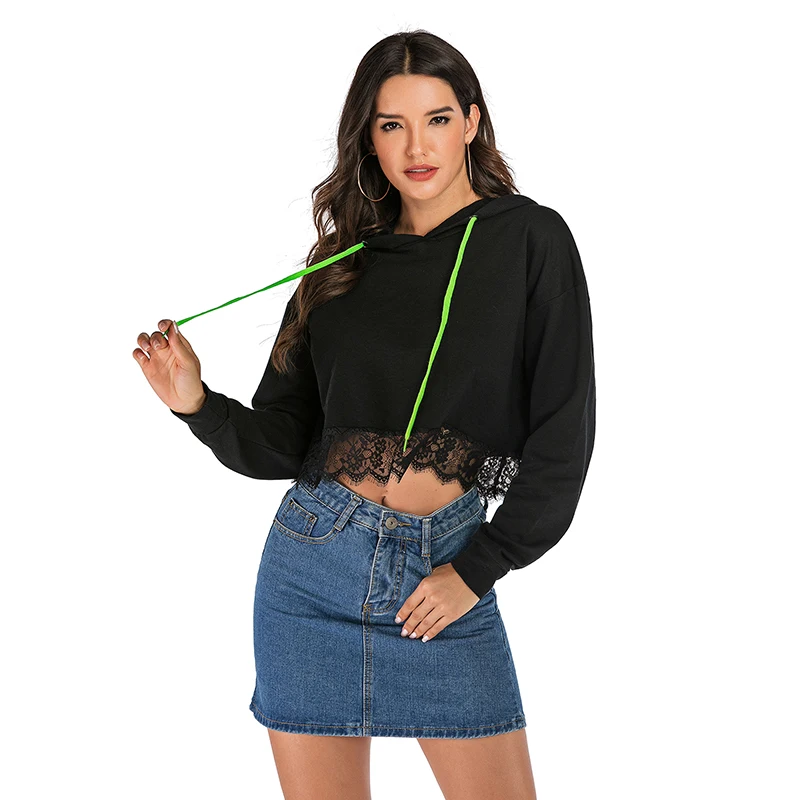 

Осень 2020 женские кружевные укороченные с капюшоном женские с расклешенными рукавами однотонные хлопковые уличные толстовки