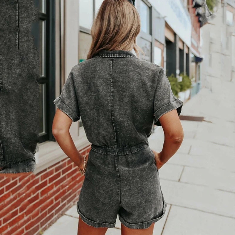 

Black Gray High Waist Denim Short Sleeve Women Playsuit Turn Down Collar Pocket Casual Summer Female Jumpsuit Fashion 2021