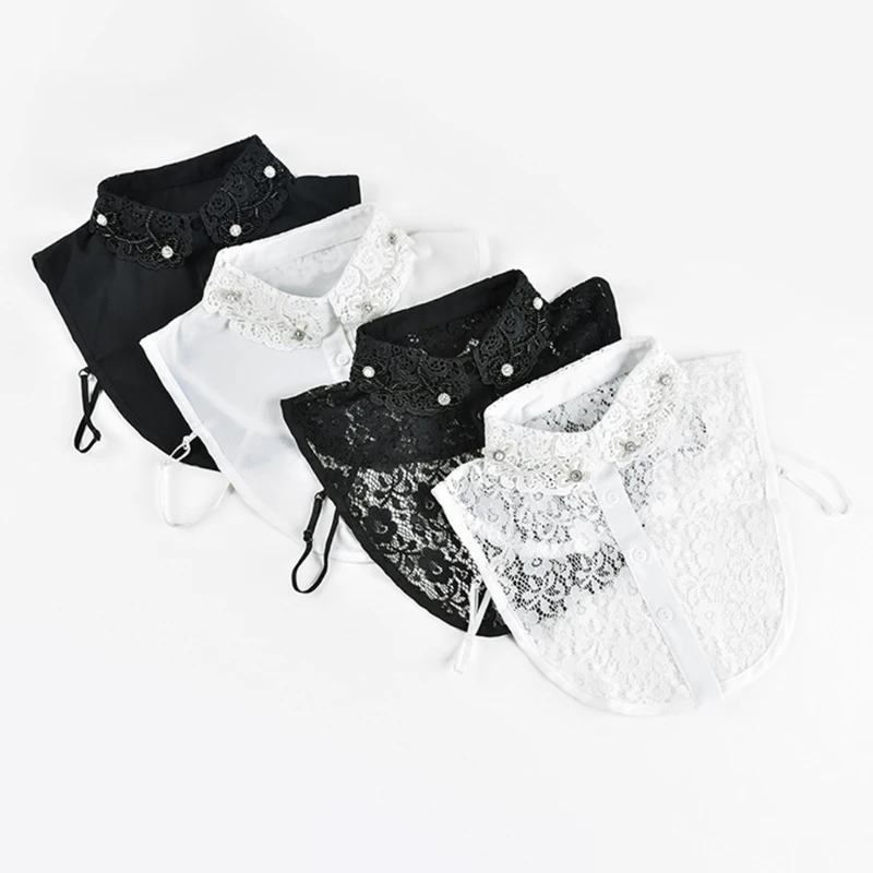 

Women Chiffon Lace Lapel False Fake Collar Rhinestone Pearl Beading Embellished Detachable Half Shirt Jewelry Dickey
