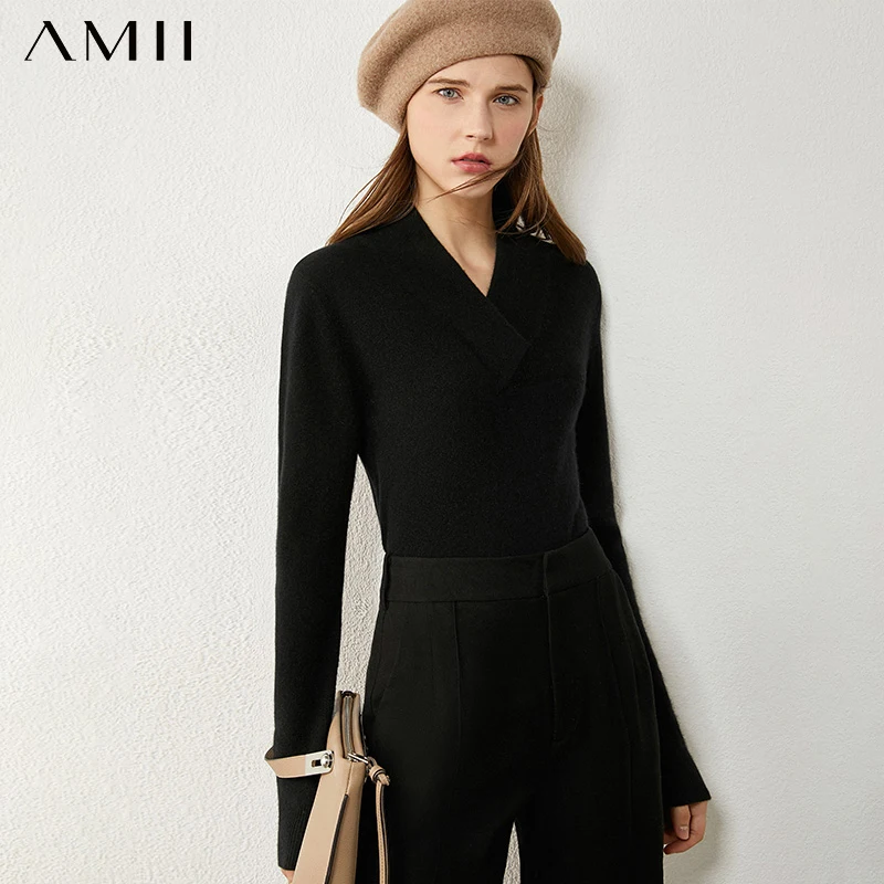 Amii Minimalism Winter Sweaters For Women Causal Solid Vneck Soft Wool Sweater Knitted Pullover Female Sweater Tops 12030459