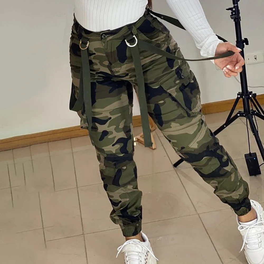 

Camouflage Print Multi-pocket High Waist Cargo Pants Women Pants Slim Pocket Streetwear Pants Female Fashion Casual Trousers D30