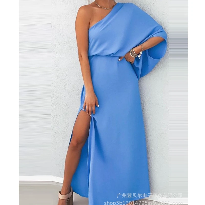 

Women Blue Sloping Dress Flare Sleeve Summer Dress Shoulder Split Loose Solid Color Streetwear maxi Dresses