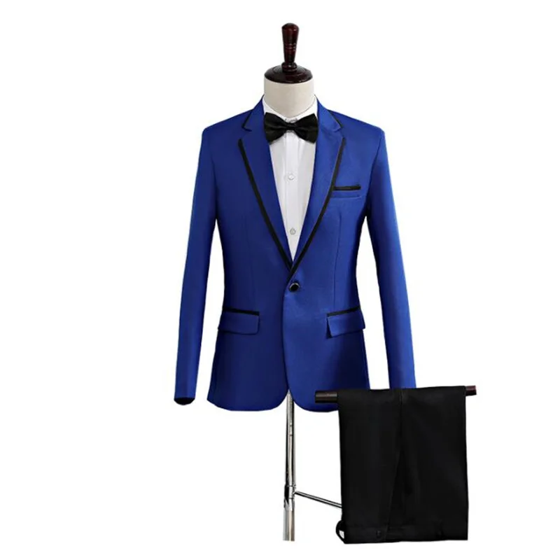 Blue blazer men groom suit set with pants mens wedding suits costume singer star style dance stage clothing formal dress