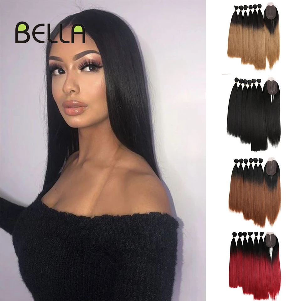 

Прямые пучки волос Bella Yaki, 7 шт./упак., 16-20 дюймов, Омбре, 613 #, 4 цвета, синтетические пучки волос с застежкой, наращивание волос