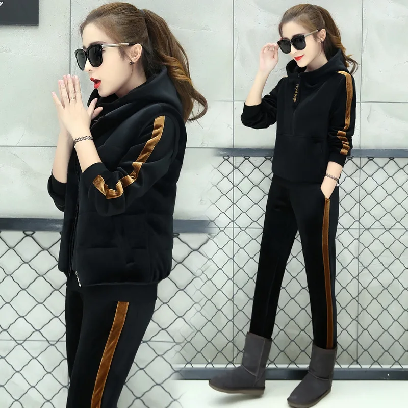 Three-piece Tracksuit Women Warm suede Thicken Autumn/winter Hoodie Harem Pants Blazer Plus Size Windproof Tennis Apparel Warm