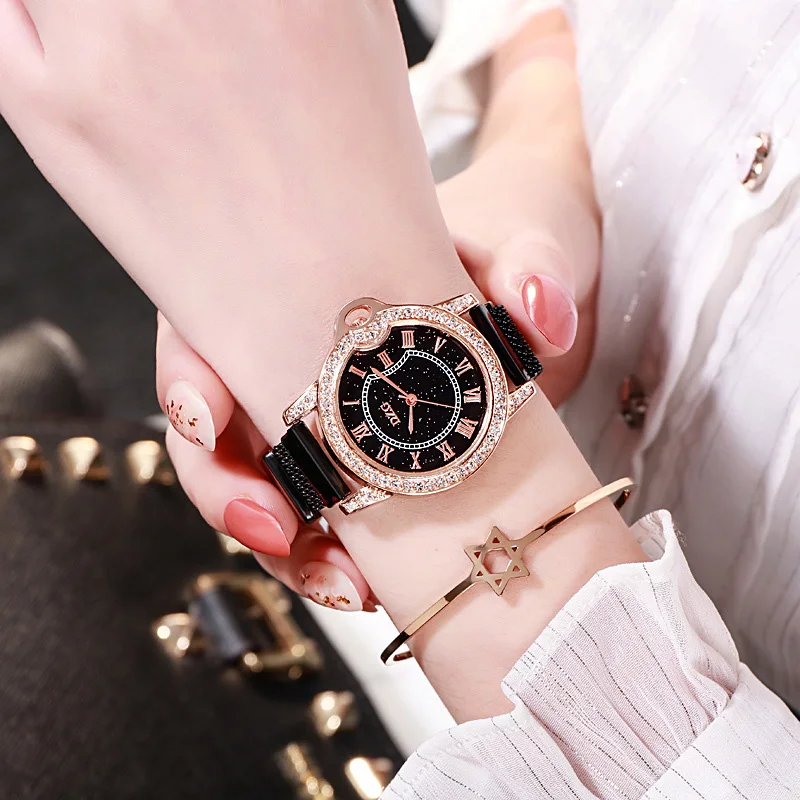 

New Gypsophila Rhinestone Student Watch Magnet Strap Alloy Watch Roman Star Air Quality Women's Watch