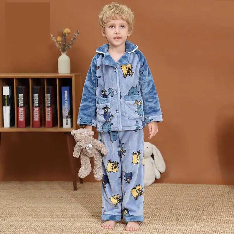 

Children's Pajamas Set Long Sleeve Flannel Toddler Boys Homewear Cute Cartoon Winter Warm Sleepwear 3-13Y Boys Kids Clothes