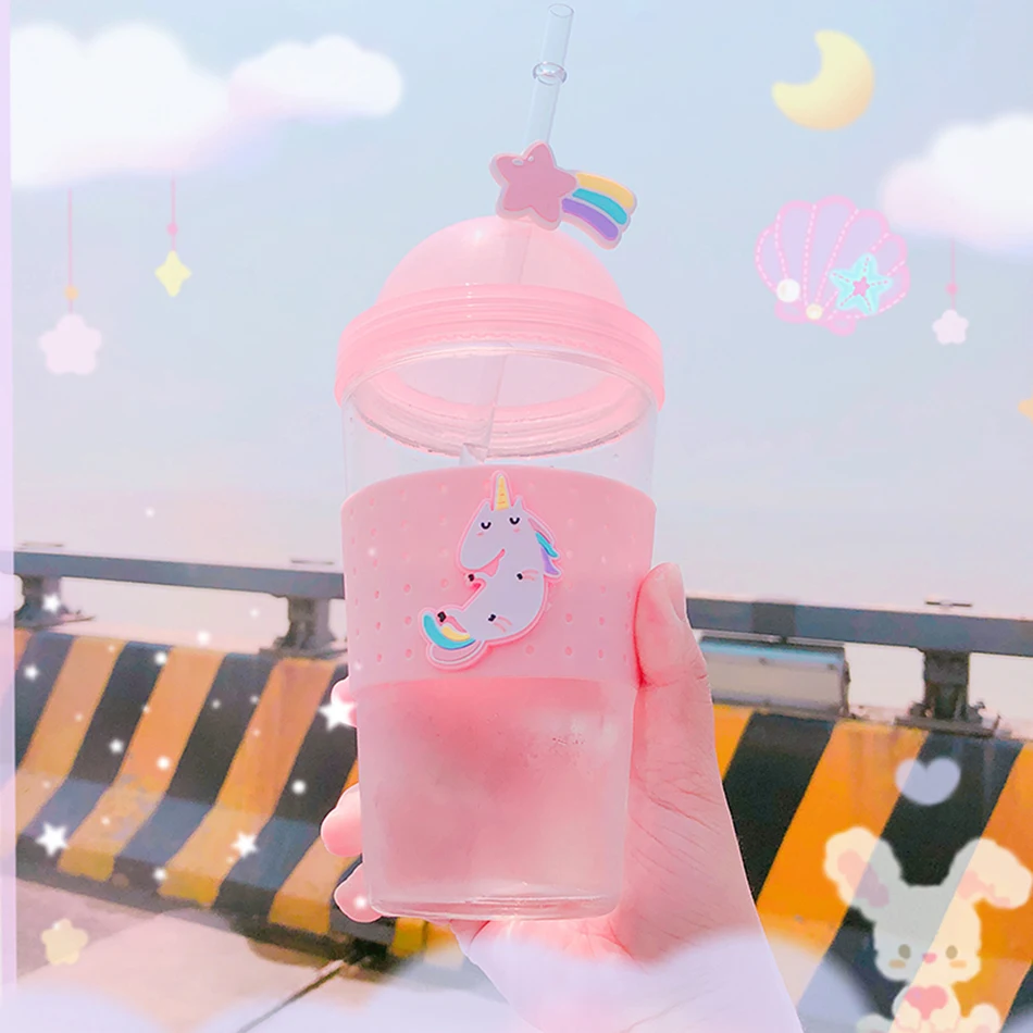 Boxi Kpop Kawaii стеклянная бутылка для воды для девочек, мультяшная Милая бутылка для воды для детей и взрослых, чашка для воды с крышкой и соломенными ручными чашками