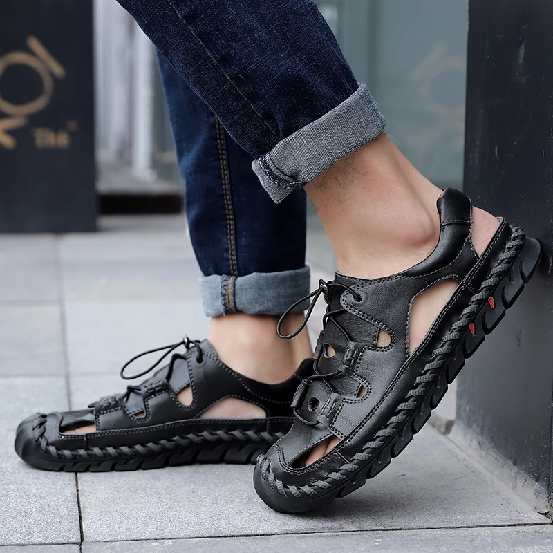 Сандалии мужские из натуральной кожи уличные босоножки Повседневная пляжная