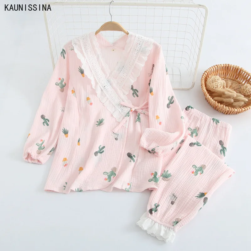 

Spring Autumn Pajama Sets Women Sleepwear Double Layer Crepe Cotton Lace Kimono Top Postpartum Nursing Pajamas Soft Loungewear