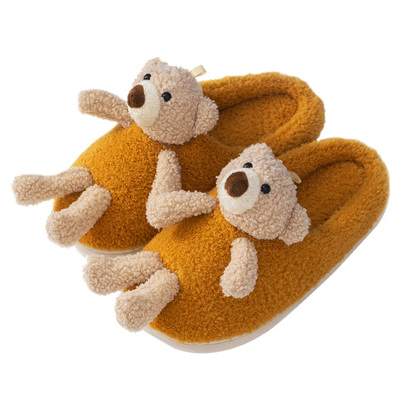 

3D Cartoon Bear Home Women Fur Slippers Winter Warm Plush Bedroom Ladies Flat Shoes Comfortable House Couples Furry Slippers