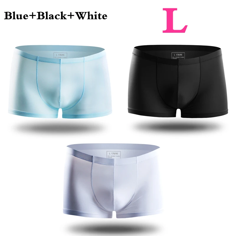 Black Blue White L 3 шт., Xiaomi mijia, летние, ультра-тонкие, мужские трусы, шелк льда, бесшовные, мужские боксеры, одноцветные, полупрозрачные, дышащие трусы - Color: Black Blue White L