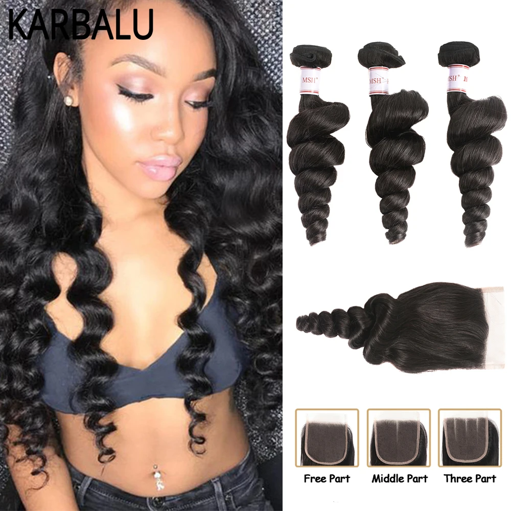 Karbalu Brazilian Loose Deep Wave Bundles With Closure Non-Remy Extension 4x4 Lace Frontal Human Hair For Black Women Natural