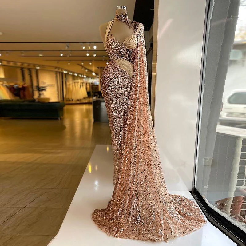 

Glitter Mermaid Elegant Evening Dresses One Shoulder Wrap Long Train Sequins Sparkling Women Prom Pageant Gowns Custom Made