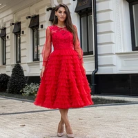 wonderful red long sleeve evening dresses a line ruffled tulle tea length party occasion gown 2021