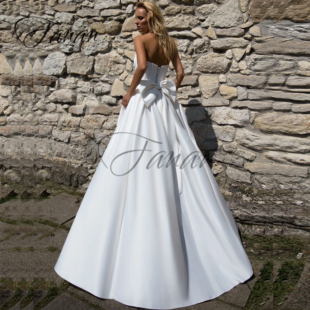 Strapless Sleeveless A-Line Simple Wedding Dresses Backless Satin Sweep Train Bow Bridal Gown Свадебное платье vestido de noiva