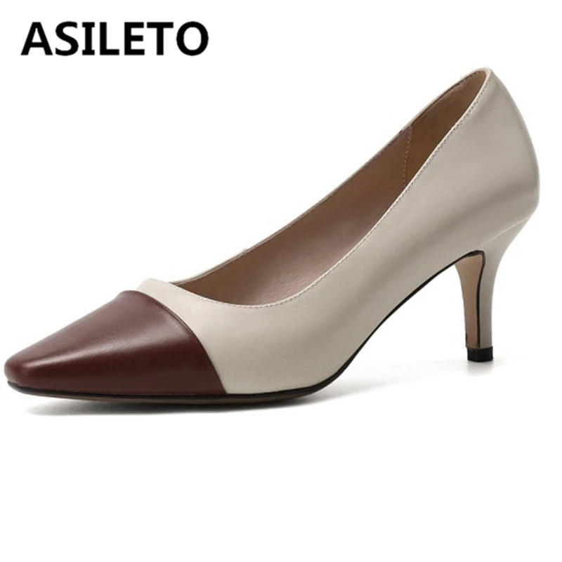 

ASILETO Woman Spring Autumn Elegant Pump Square toe 6.5cm Thin high Heels Genuine Leather Slip on size 34-39 Casual Office S1790