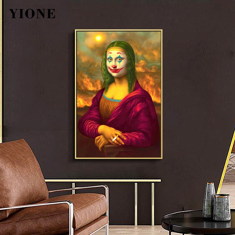 

Abstract Smoking Joker Mona Lisa and Cat Canvas Paintings Funny Art Figure Wall Pictures Print Posters for Living Room Bedroom