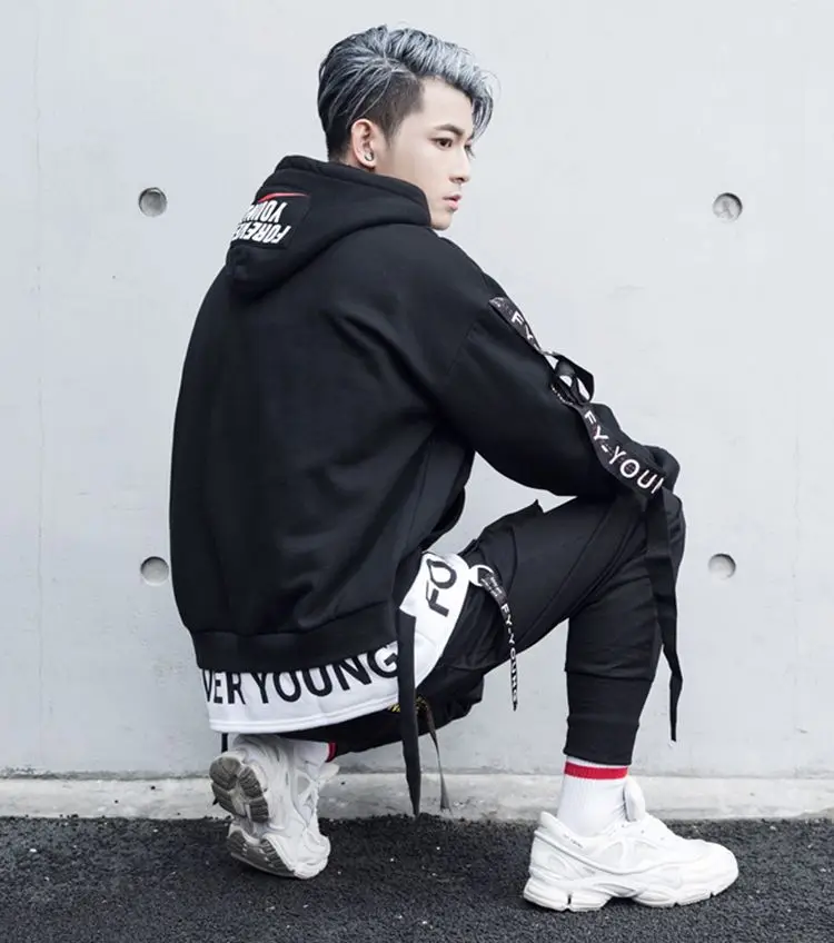 

Autumn winter men ribbons patchwork fleece hip hop hoodies camouflage streetwear male fake two piece harajuku black sweatshirts